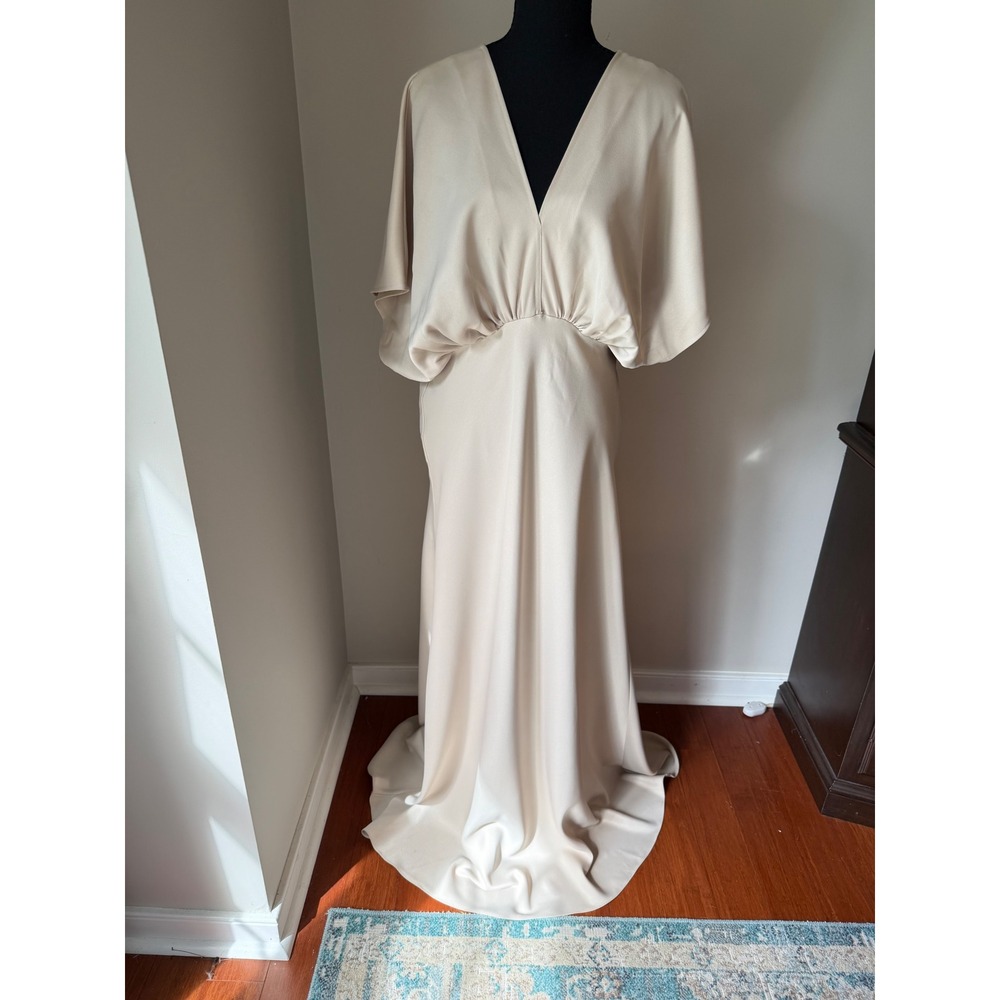 BHLDN Anthropologie Maxi Dress Womens 12 Beige V-Neck Kimono Empire Waist Formal